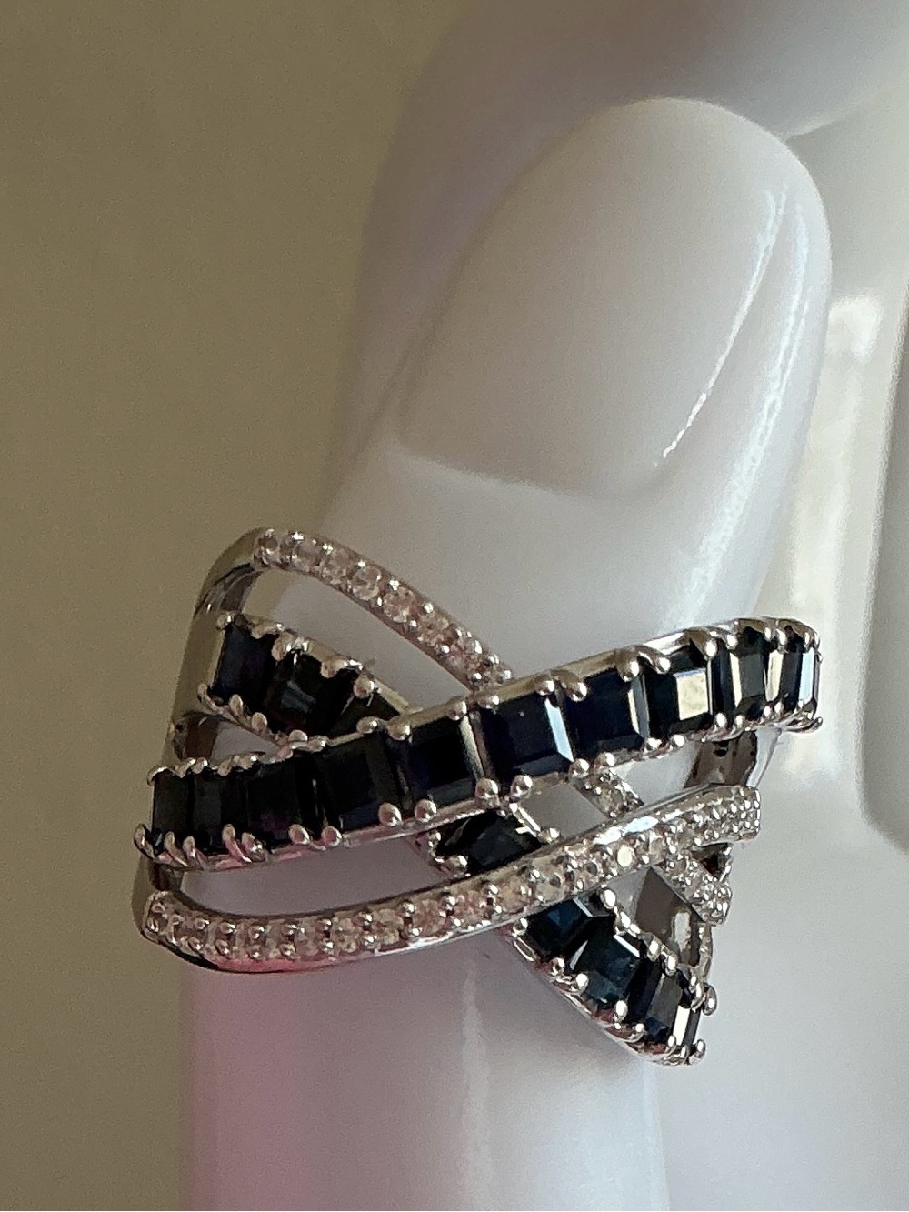 Sterling Silver Sapphire & Moissenite  Crystal Crossover Ring